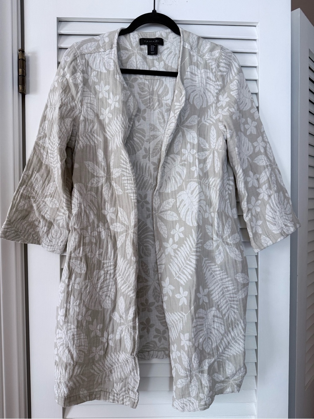 Tahari Linen Cotton Tropical Leaf Open Front Duster Cardigan Jacket M